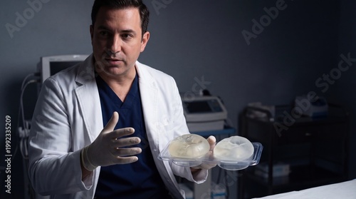 A middle-aged Caucasian man in a white lab coat holds two breast implants in a medical office. He gestures while explaining the differences between them.