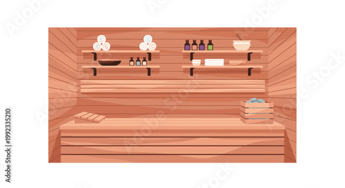 A tranquil wooden sauna interior features tiered seating benches and organized shelves stocked with essential spa oils and rolled towels under warm lighting.