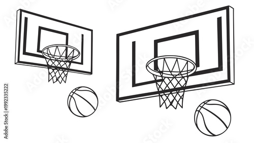 Vector illustration of two basketball hoops with backboards and basketballs in a sports setting, basketball