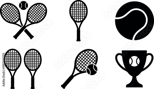 Black and white tennis rackets ball and trophy icons set