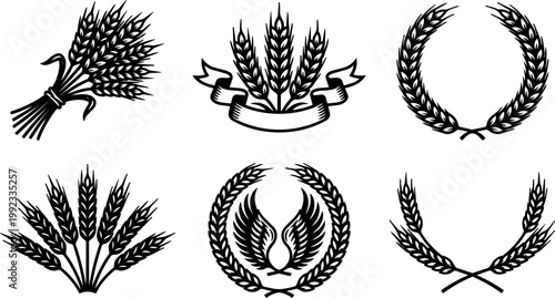 Wheat bunches and laurel wreaths with wings