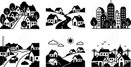 Black and white village and cityscape icons with houses trees sun and road in flat design