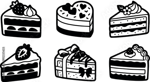 Black and white slice cake icons with strawberries hearts and ribbon bow decorations