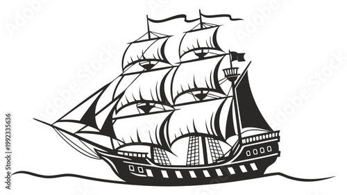 Vector illustration of a vintage tall sailing ship at sea with sea faring nautical maritime transport