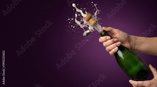 Woman hand opening champagne bottle with flying cork. Sparkling wine explosion with foam. Celebration and party concept. Festive event beverage for New Year and wedding anniversary event.