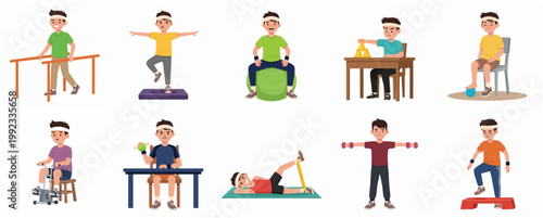 Comprehensive Set of Vector Illustrations Showing a Young Boy Performing Various Physical Therapy and Rehabilitation Exercises for Recovery and Fitness
