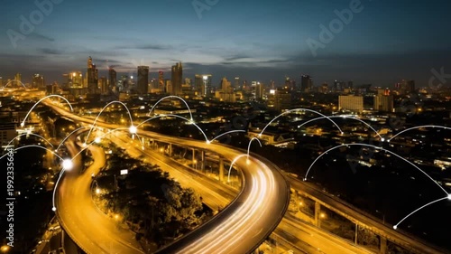 Illuminated city skyline at dusk with curved overpass and connection diagram overlay
