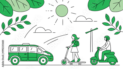Vector illustration of green transportation and nature with e scooter illustration transportation electric