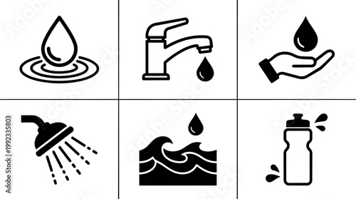 Black and white water drop and faucet flat design vector icons with shower and bottle