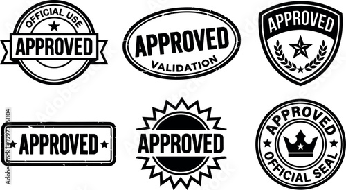 Black and white approved stamps with official seal and validation text vector art