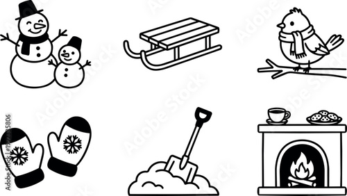 Black and white winter snowman sled bird mittens shovel and fireplace line art icons
