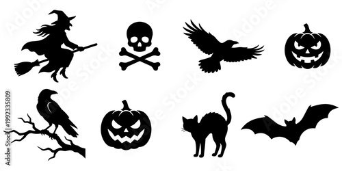 Spooky halloween silhouette collection with witch, jack o'lantern, black cat, raven, bat, and skull