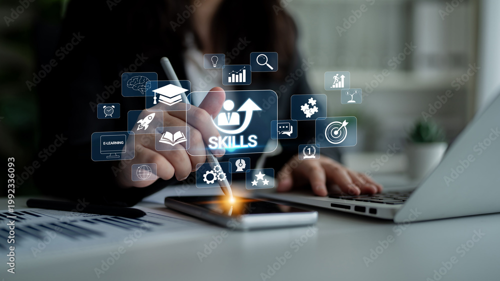 Naklejka premium Person Using Digital Tools to Enhance Skills Development and Learning with Modern Technology in a Bright Workspace Environment Quark.