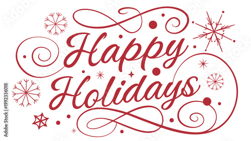Vector illustration of happy holidays script with red snowflakes and swirls holidays christmas snowflakes
