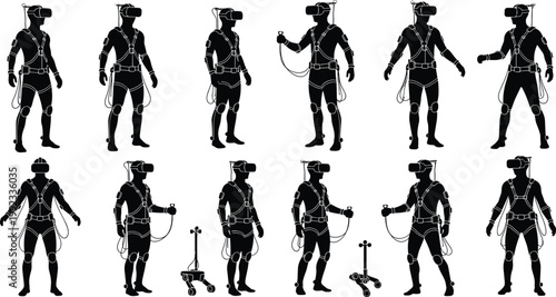 Set of Virtual Reality Motion Capture Suit Silhouette Vector Illustrations Featuring People Wearing VR Headsets and Haptic Gear for Interactive Gaming Technology Projects