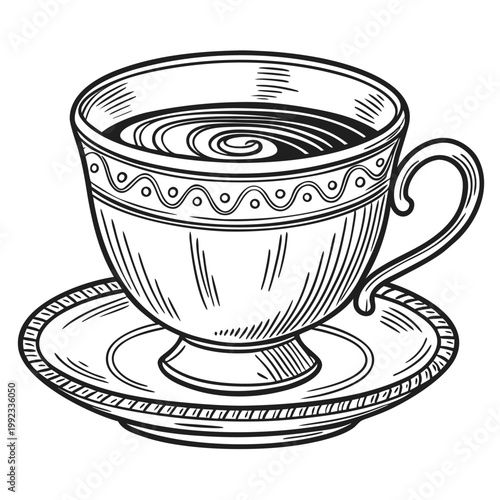 Vector illustration of a classic tea or coffee cup on a saucer with beverage caffeine breakfast porcelain