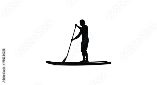 A solitary figure stands paddleboarding on calm waters a stark contrast of form and space silhouette high quality professional