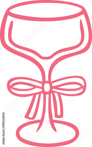 Glass of champagne decorated with ribbon bow vector line art, pink doodle festive holiday celebration alcoholic drink