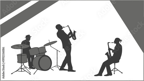 Vector illustration of a jazz band performing with saxophone players and drummer musicians silhouette