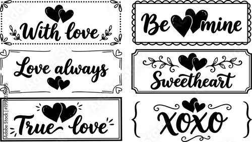 Black and white handwritten valentines day love phrases with heart icons