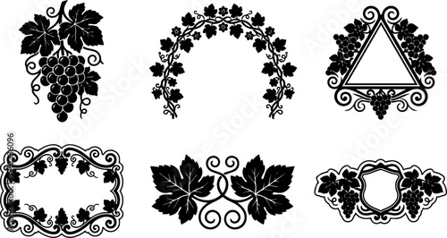 Black and white grapevine ornaments with leaves and bunches vector art