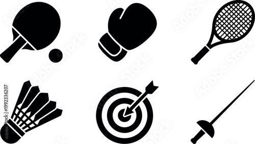 Black and white sports equipment icons including ping pong racket ball boxing glove tennis racket badminton shuttlecock target sword