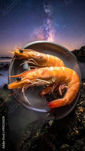 Two Large Cooked King Prawns On Plate Vibrant Orange Seafood Resting Against Milky Way Galaxy Night And Coastline
