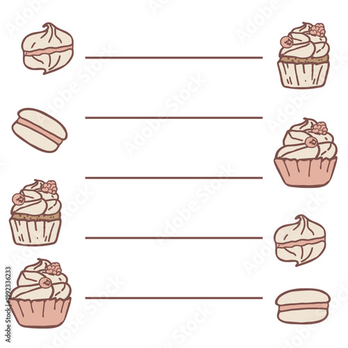 Hand drawn dessert menu template with cupcakes, macarons and meringue. Minimalist layout with lines for text in warm neutral colors. Perfect for cafe menu, bakery branding and print design.