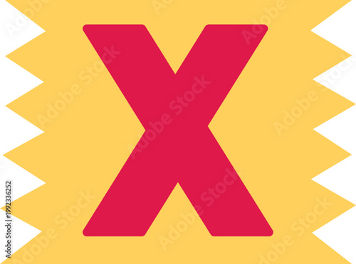 Uppercase X letter of English alphabet, vector bright festive red typeface in yellow zigzag shape frame, kids happy font