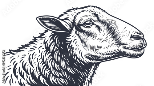 Vector illustration of a stylized sheep portrait in black and white etching style with portrait, livestock