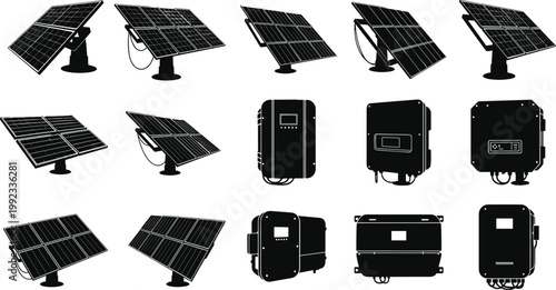 Solar energy system silhouette collection featuring photovoltaic panels and power inverters for renewable electricity generation, sustainable green technology, and eco-friendly infrastructure icons.