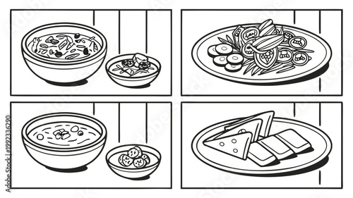 Vector illustration set of four line art drawings featuring soup bowls and meal platters, illustration