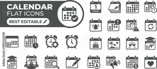Calendar solid icon set featuring schedule planning appointment and reminder, date time event organizer business office, and month week day agenda editable vector icons
