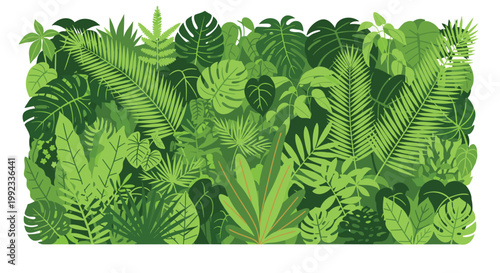 A dense and lush wall of various tropical green leaves including monstera and palm fronds fills the horizontal frame with rich botanical textures and colors.