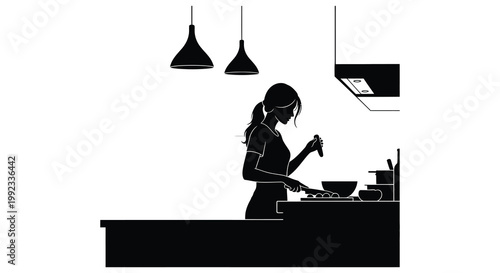 A woman prepares food in a modern kitchen depicted in a striking black silhouette high quality professional detailed elegant stylish clean