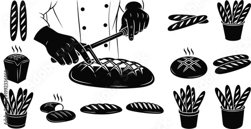 Baker Hands Slicing Fresh Sourdough Bread with Lame Knife, Silhouette Vector Set of French Baguettes, Artisan Loaf Icons, and Bakery Professional Illustration
