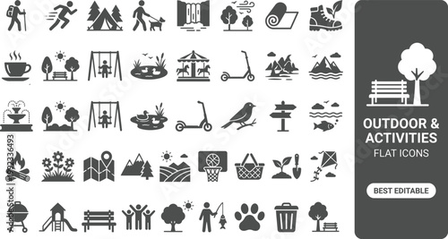 outdoor activities icon set featuring camping, sports, map, hiking, fishing, hugging, travel, adventure, navigation, and nature icons for web, apps, and infographics.