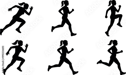 Silhouette vector art of woman running with ponytail in different poses