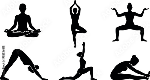 Black silhouette yoga poses woman practicing meditation and stretching in various postures