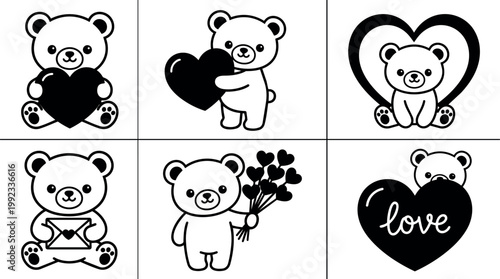 Cute bear holding heart and bouquet with love lettering black and white vector art