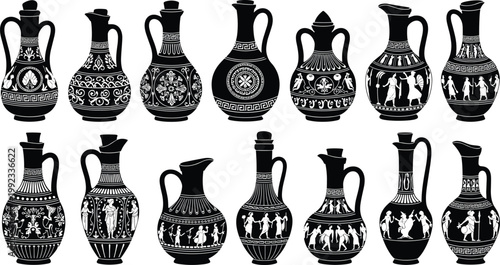 Set of ancient Greek amphora silhouettes, black pottery vases with traditional ornaments and figures, classic antique jugs isolated on a white background.