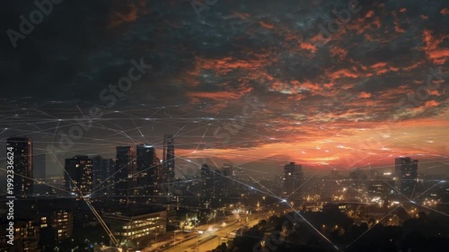 High-angle view of a cityscape under a dramatic, orange and black sunset sky