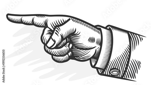 Vector illustration of a hand pointing to the left with pointing direction engraving illustration isolated