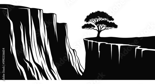 A dramatic black and white landscape depicts a solitary tree atop a cliff edge presented as a striking silhouette high quality