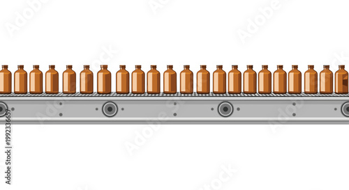 A continuous and orderly row of identical amber glass bottles moves steadily along a grey industrial conveyor belt in a minimalist factory environment.