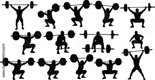 Weightlifting silhouette set, professional bodybuilder lifting barbell icons, strength training poses, gym workout vector, athlete powerlifting, olympic s silhouettes, bodybuilding fitness, collection
