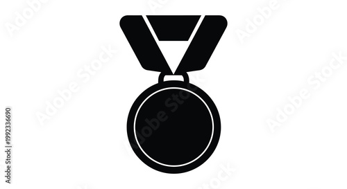 A stark black silhouette depicts a circular medal with a ribbon symbolizing achievement and recognition silhouette high quality professional
