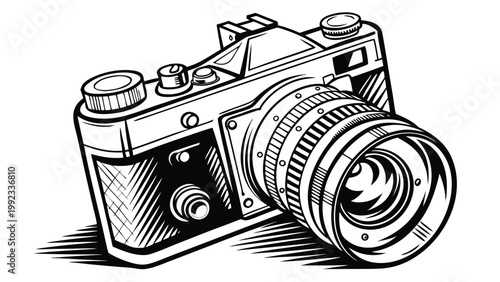 Vector illustration of a vintage analog film camera with a large lens in a black and white sketch style