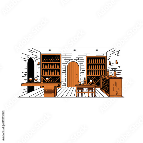 Wine bar interior minimal line art black and orange isolated
