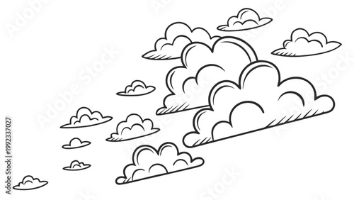 Vector illustration of hand drawn fluffy clouds in a sketchy comic book doodle style with atmosphere